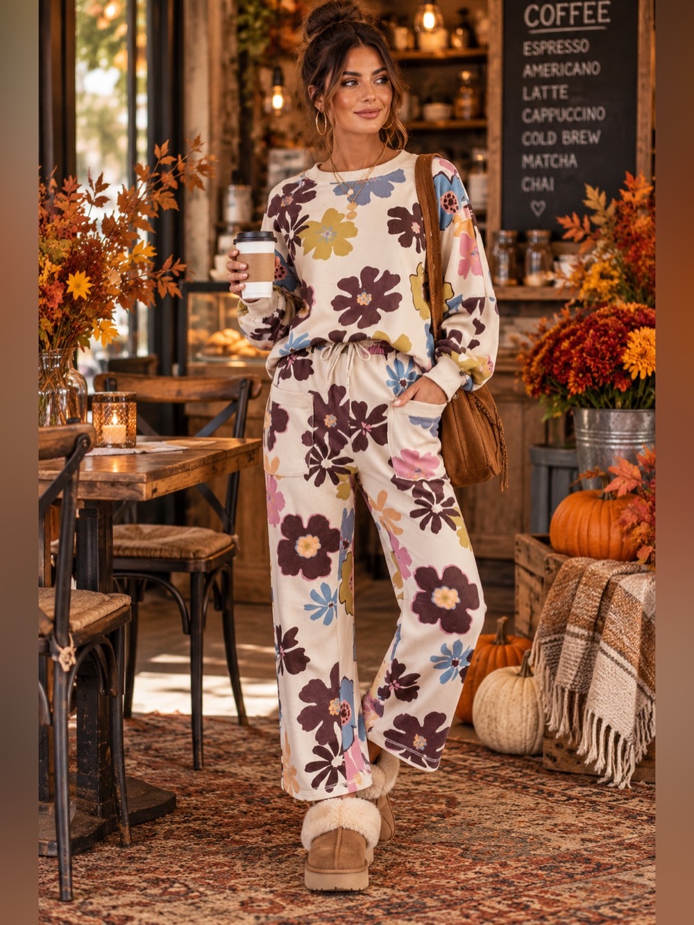 Easel Two Piece Floral Soft French Terry long sleeve top and lounge pants